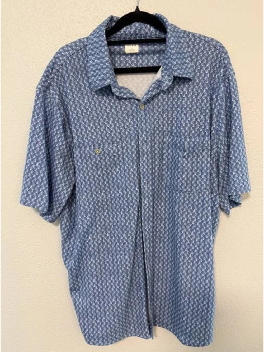 #6192 ROWM Blue Geometric Print Short Sleeve Button Shirt Size L